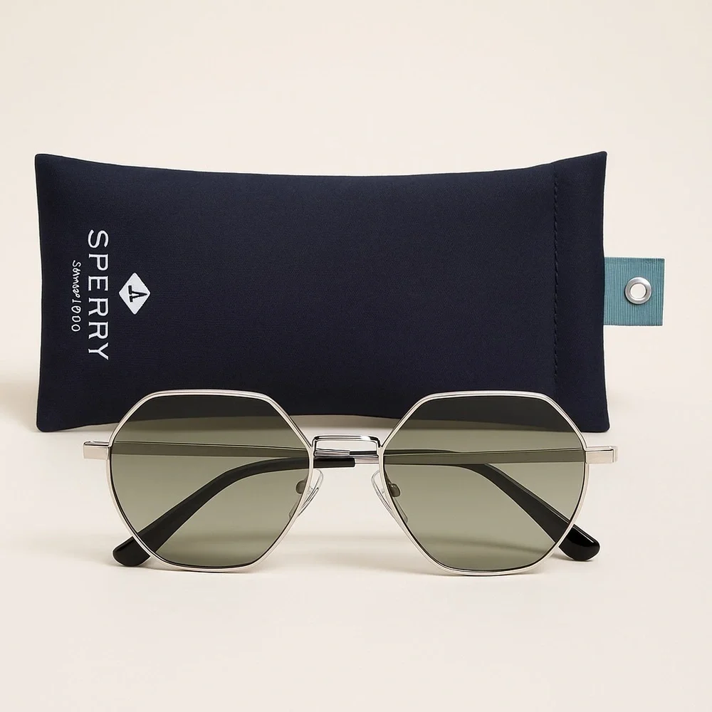 Sperry Silver Hexagonal Sunglasses with Navy Case